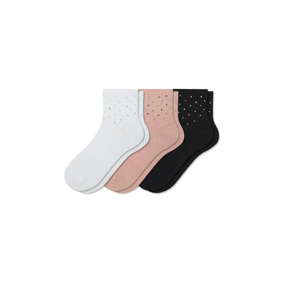 Women’s Rhinestone Rib Quarter Sock 3-Pack - Easy Travel Support