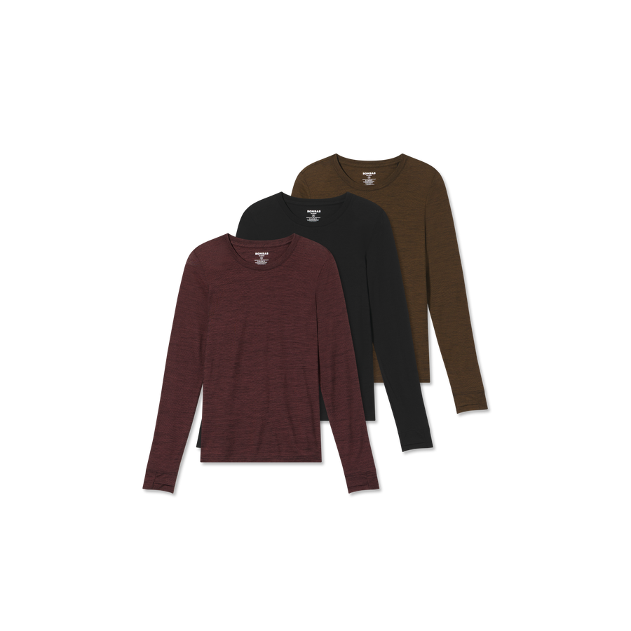 Women's Merino Wool Blend Crew Neck Long Sleeve T-Shirt 3-Pack - Court Stride Flow